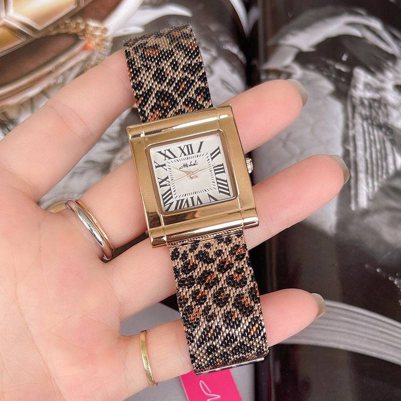 Orologio quadrato da donna con cintura in acciaio con stampa leopardata