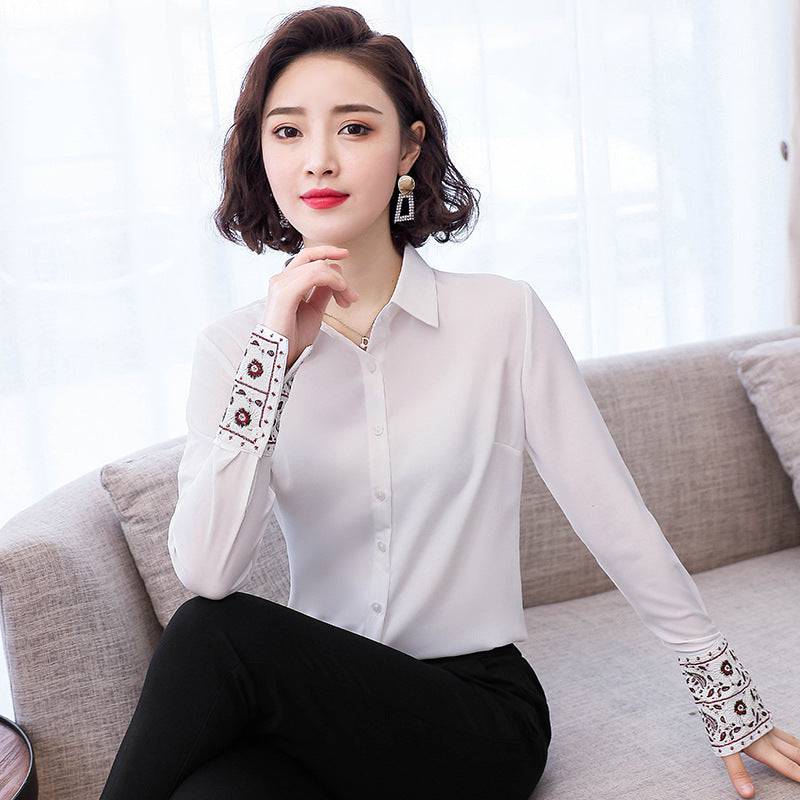 Spring And Autumn Lapel Long Sleeve White Shirt Women's Design Chinese Style Embroidery Chiffon Top