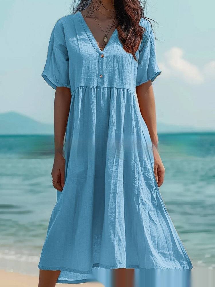 Women's Short-sleeved Cotton And Linen Swing Dress - YLORESHOP