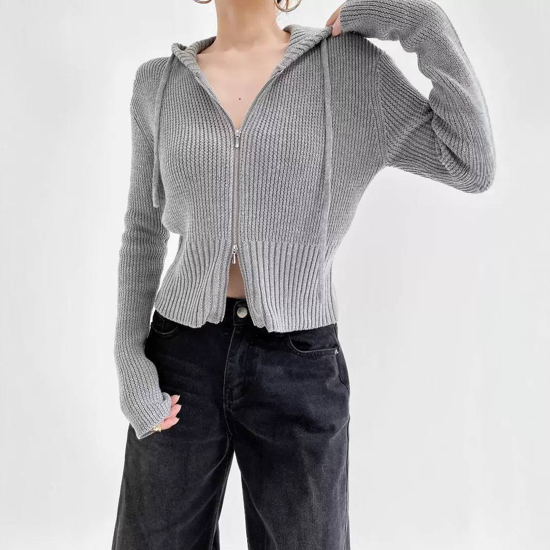 Cardigan lavorato a maglia con cerniera e cappuccio in stile americano da donna Nuovo corto autunno