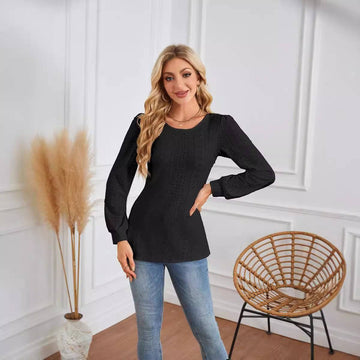 Round Neck Small Hole Bubble Sleeve Long Sleeve Top - YLORESHOP