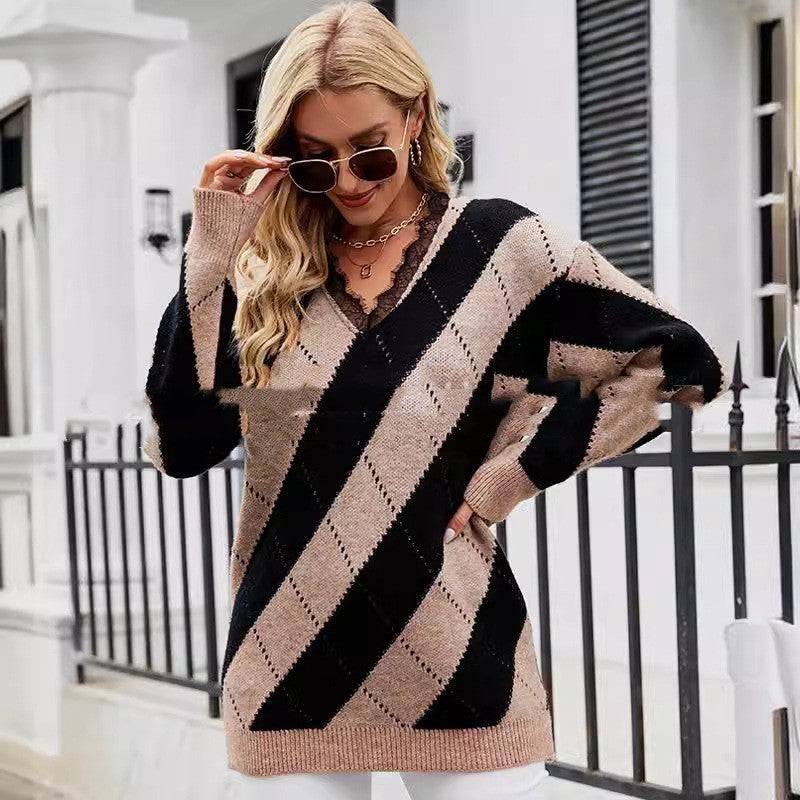 V-neck Casual Sweater Pullover Sweater - YLORESHOP