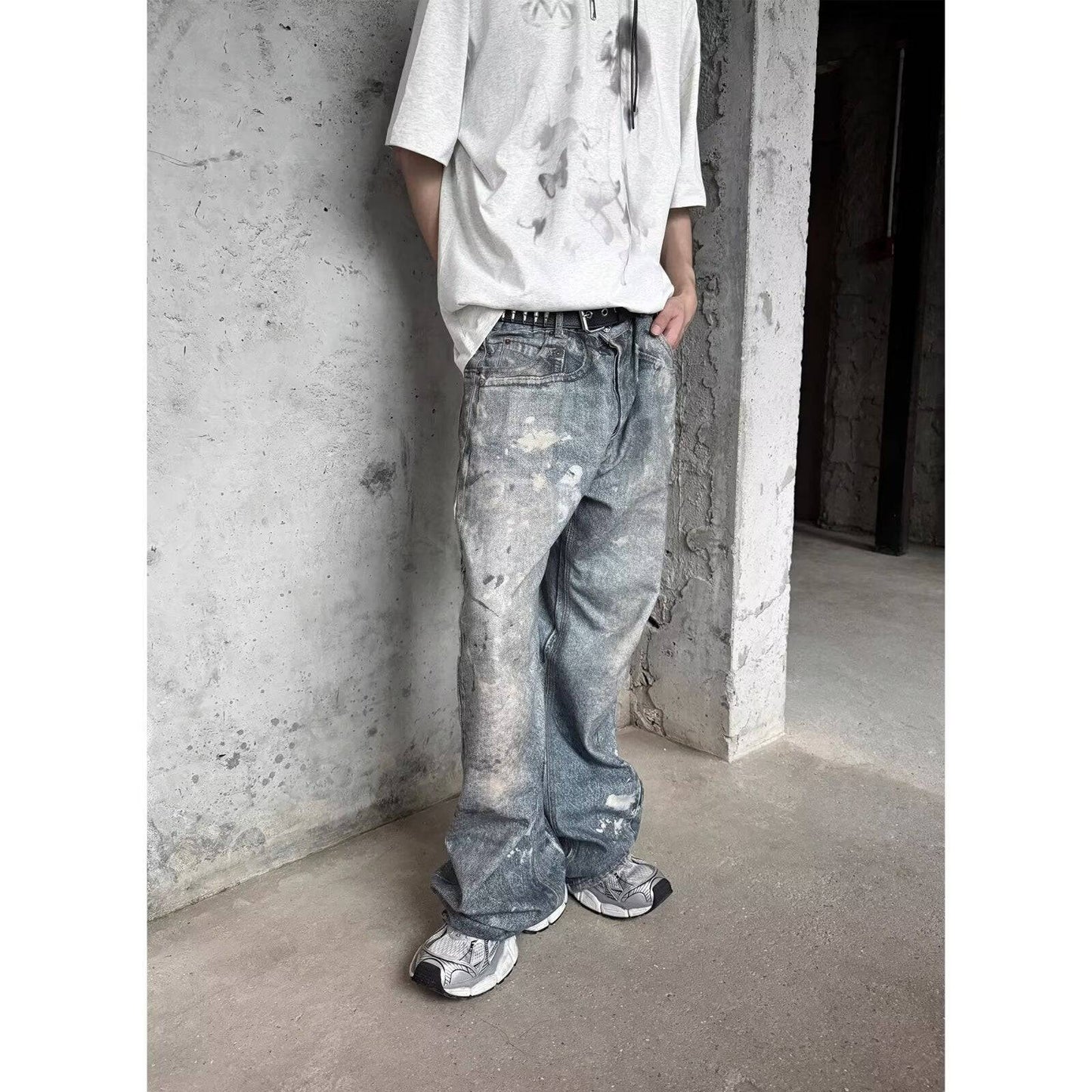 Washed Distressed Printed Denim Men's Straight Loose Long Pants