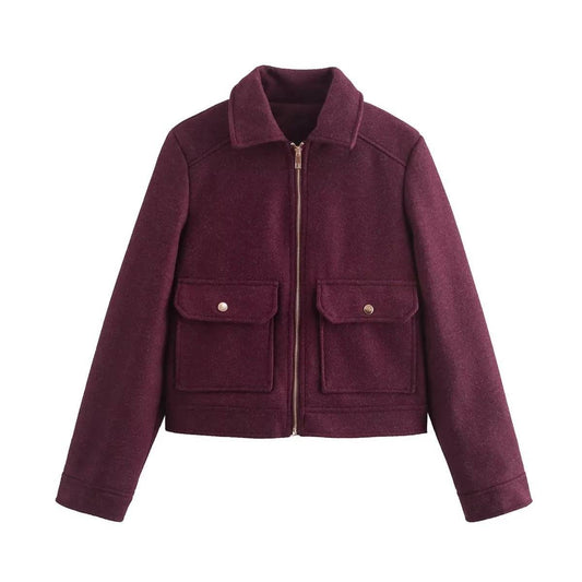 Women's Lapel Woolen Pocket Zipper Coat - YLORESHOP