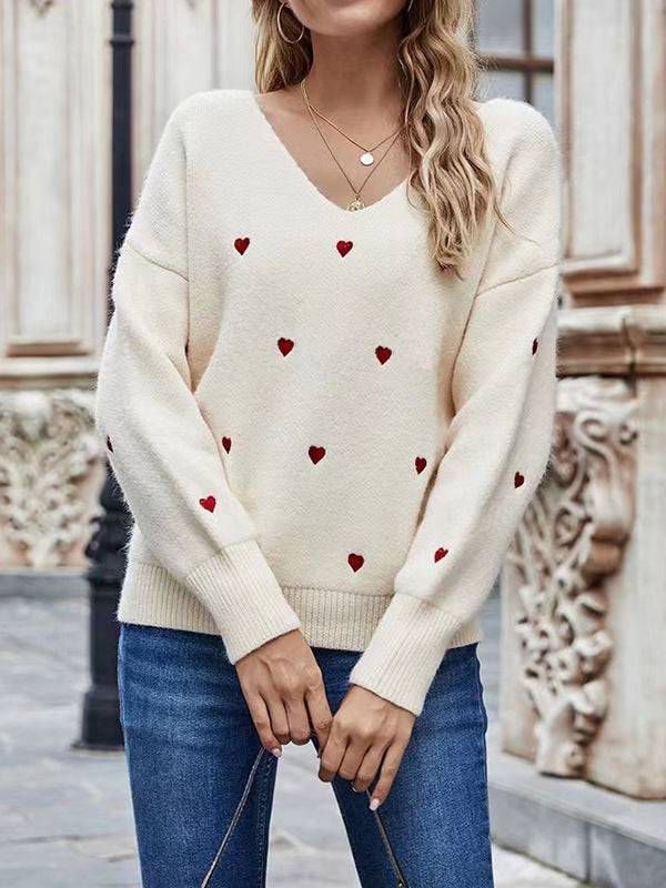 Maglione pullover a maniche lunghe da donna Top in maglia jacquard a forma di cuore tinta unita