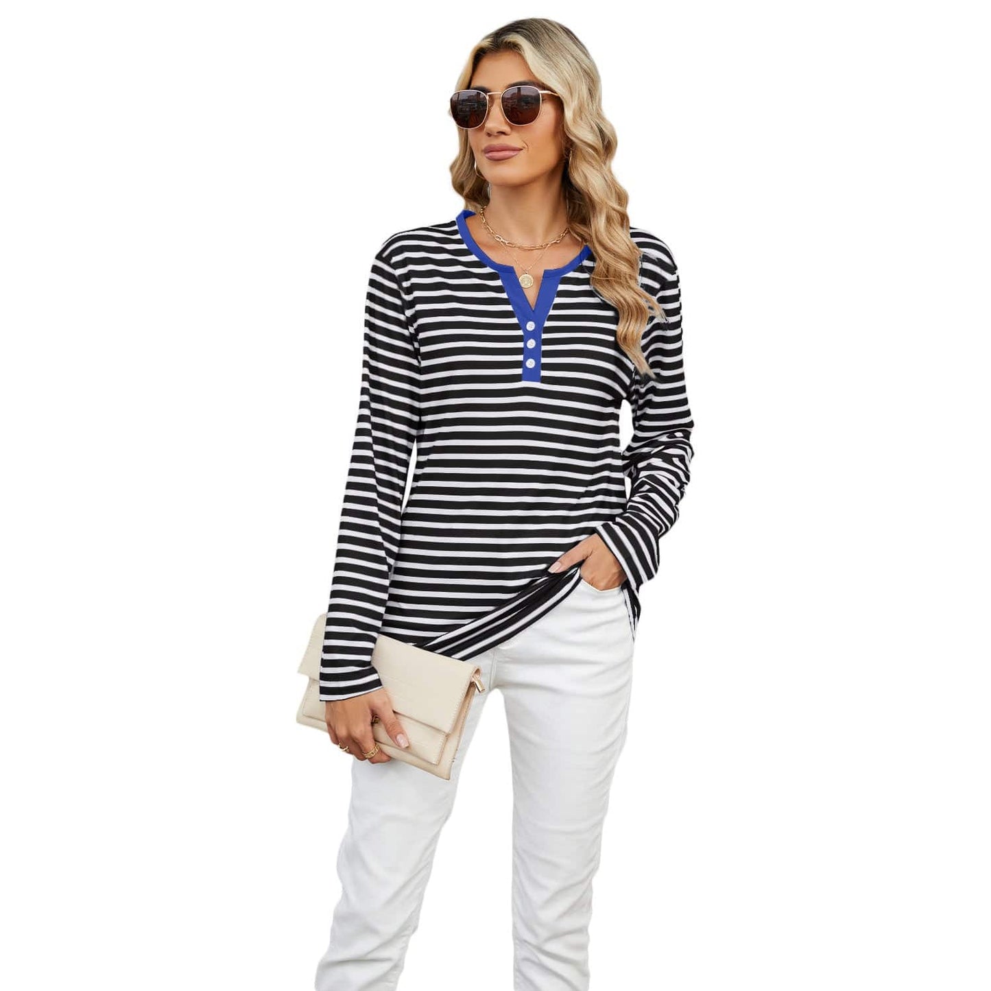 Women's V-neck Striped Loose Long-sleeved T-shirt Top - YLORESHOP