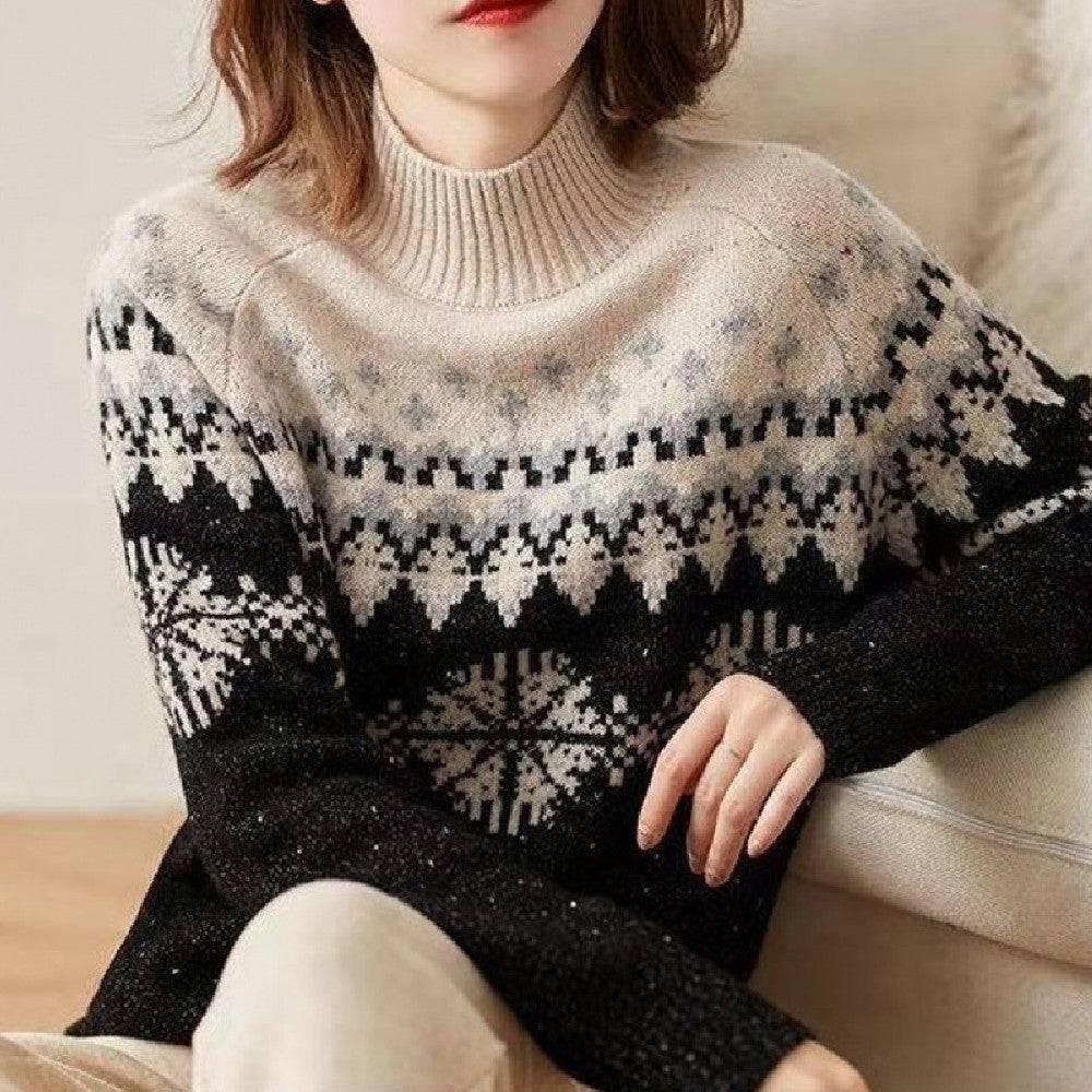 Autumn And Winter Spring New Half Turtleneck Knitted Snowflake Retro Loose Sweater - YLORESHOP