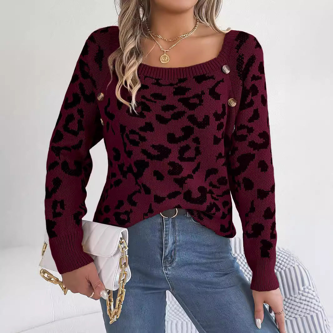 Maglione a maniche lunghe con stampa leopardata a colori a contrasto con bottoni casual e colletto quadrato