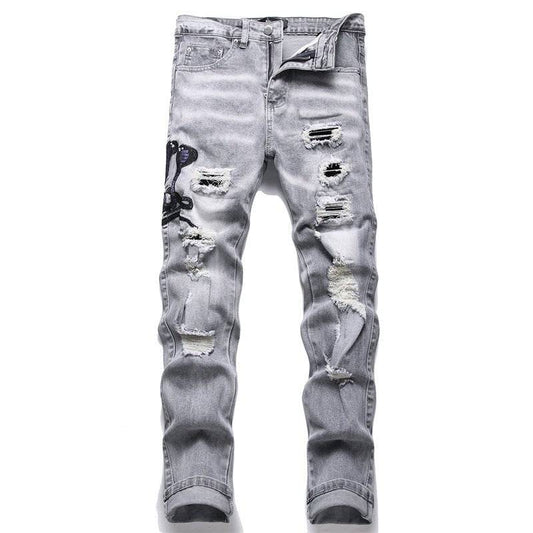 Jeans da uomo alla moda con piedi elasticizzati Cobra con ricamo patch foro grigio