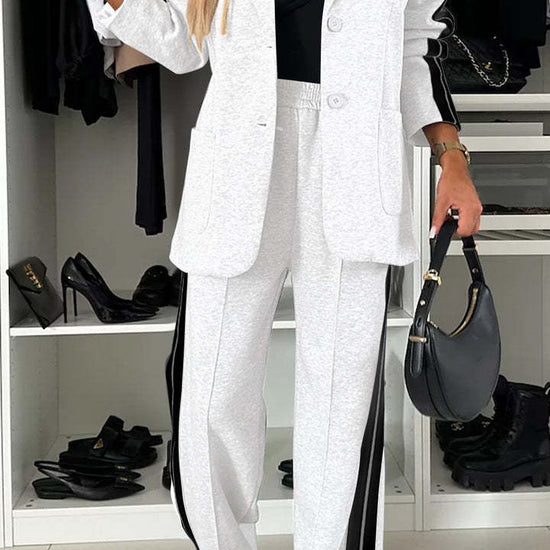 Women's casual suit with single-breasted jacket and straight-leg striped trousers - YLORESHOP
