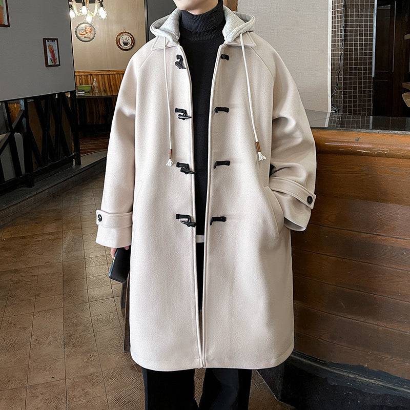 Detachable Hooded Horn Button Woolen Coat Men