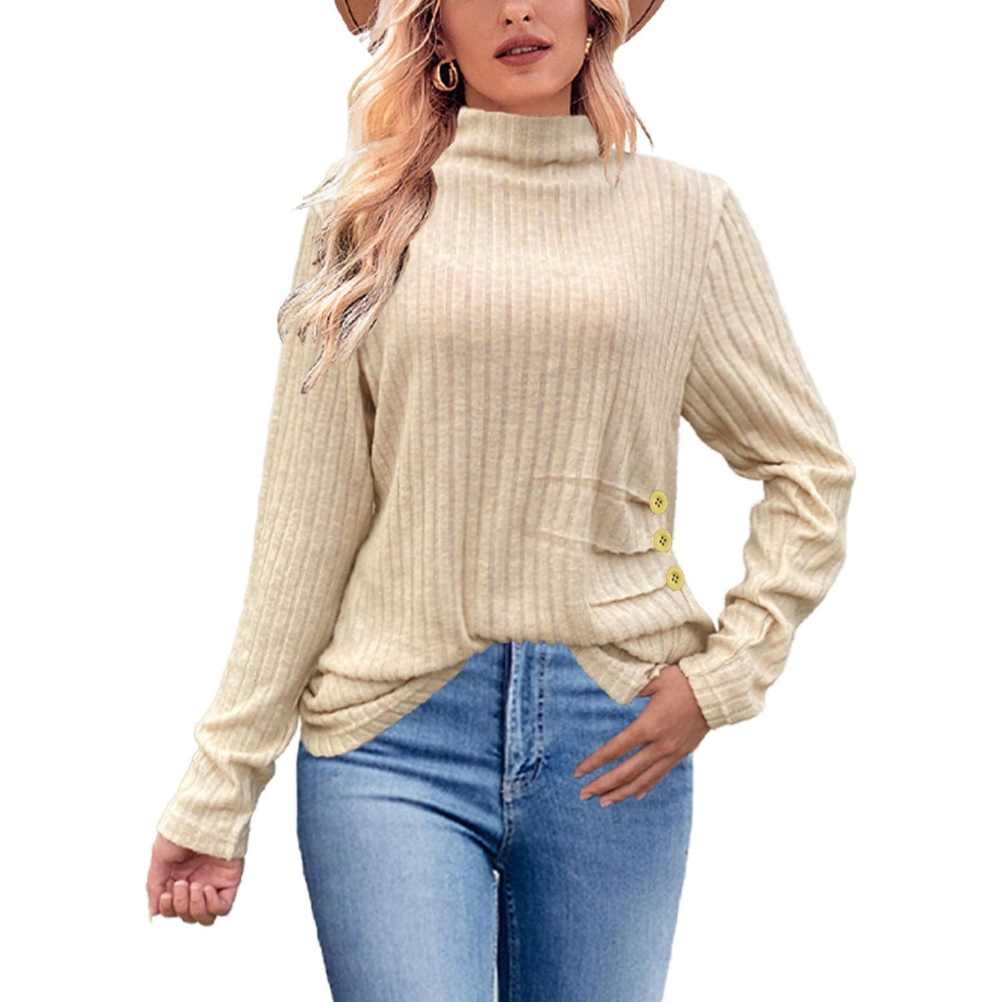 European And American Brushed Sunken Stripe Knitted Turtleneck Side Button Women's Top - YLORESHOP