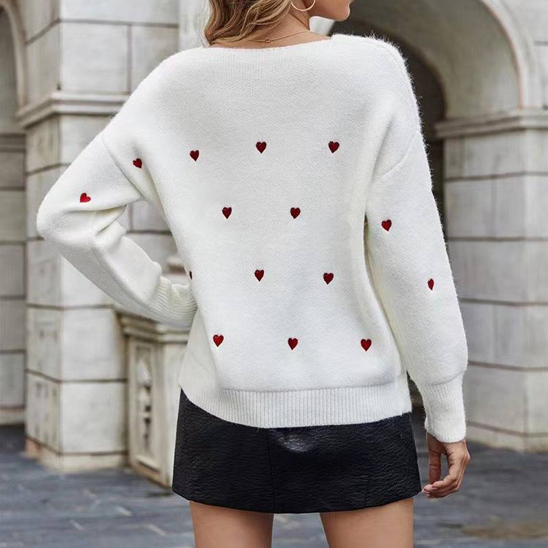 Maglione pullover a maniche lunghe da donna Top in maglia jacquard a forma di cuore tinta unita