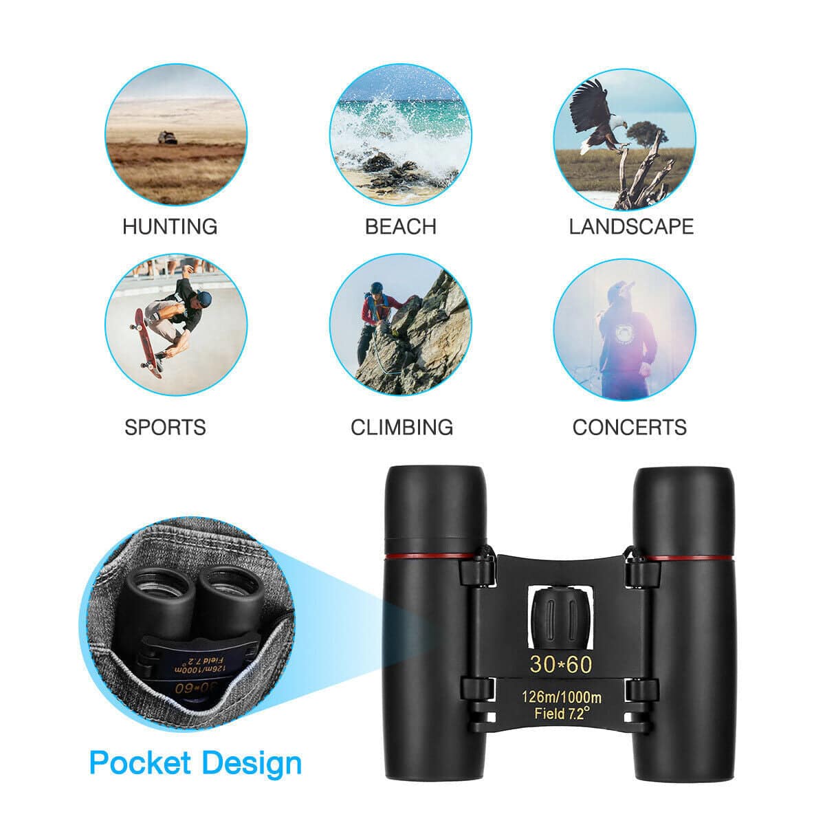 Binoculars 30x60 Zoom Travel Compact Folding Telescope Hunting Day Night Outdoor Small Pocket Binoculars Compact Adults, Mini Kids Binoculars Boys For Bird Watching, Concert Theater Opera - YLORESHOP