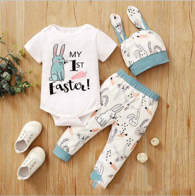 New Easter Print Rabbit Romper Three Piece 2 Colors - YLORESHOP