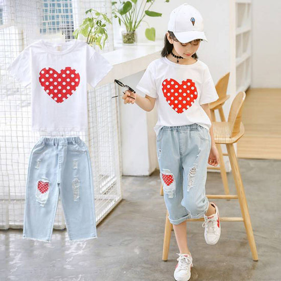Girls White T-shirt Ripped Jeans Kids Suit - YLORESHOP