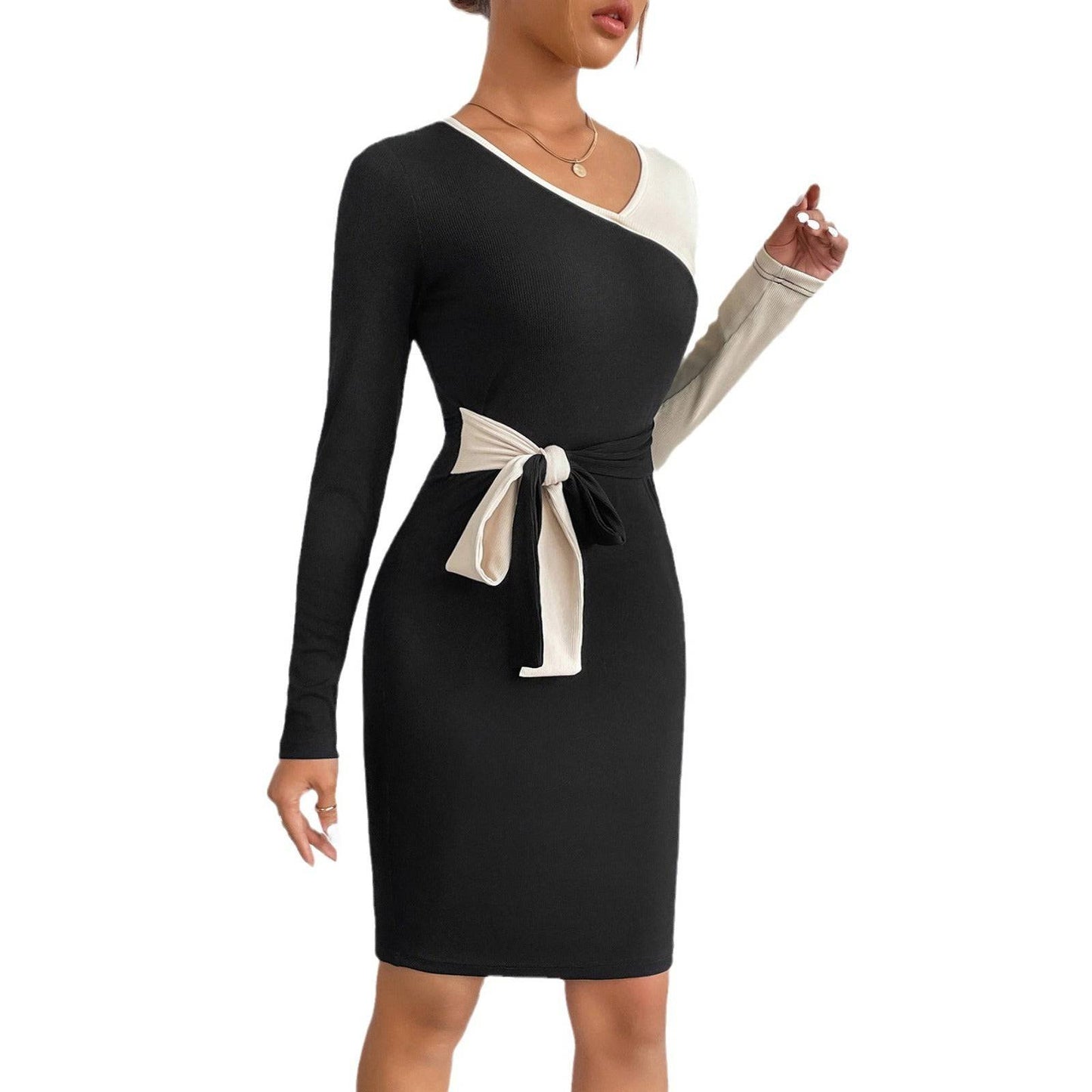 Women's Stitching Tied Sheath Long Sleeve Dress - YLORESHOP