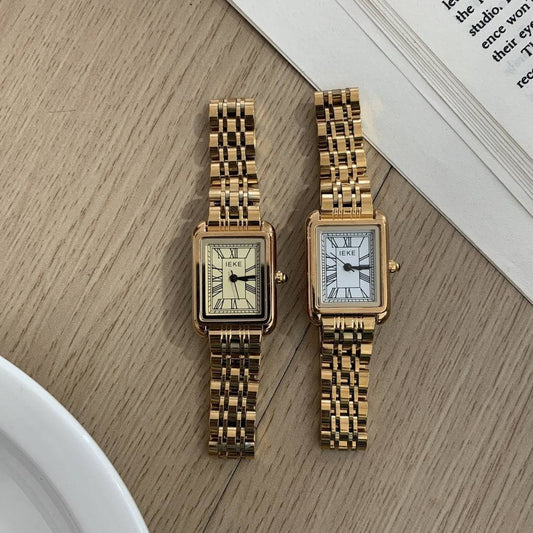 Retro Square Roman Scale Gold Steel Belt Quartz Watch - YLORESHOP