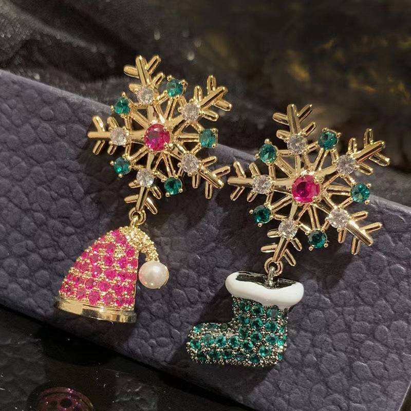 Christmas Snowflake Asymmetric Stud Earrings Christmas Hat Boot Earrings - YLORESHOP