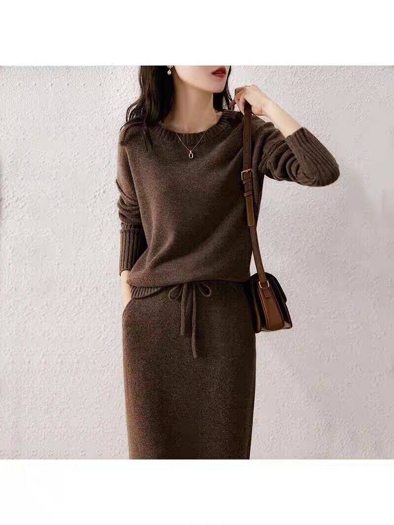 Drawstring High Waist Pure Color Wool Knitted Dress Two-piece Set - YLORESHOP