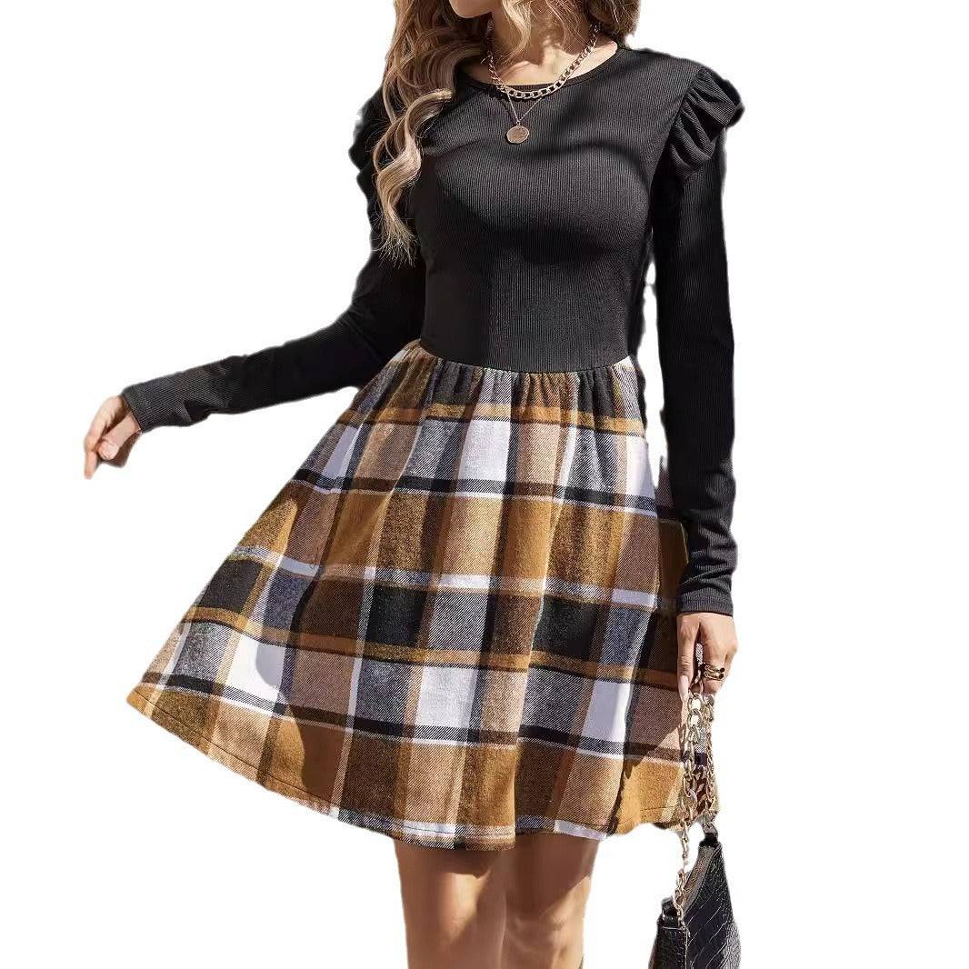 Women's Sunken Stripe Stitching Plaid Long Sleeve Dress - YLORESHOP