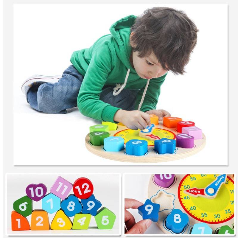 Teaching Time Number Blocks Puzzle Wooden Shape Color Sorting Clock - YLORESHOP