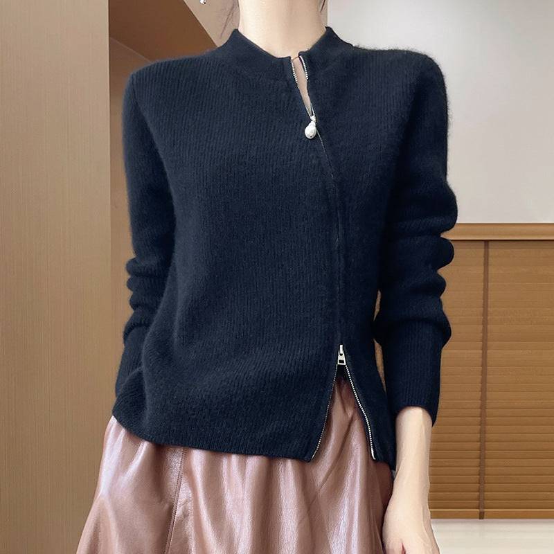 Round Neck Knitted Cardigan Long Sleeve Women's Oblique Zipper Slim Jacket - YLORESHOP