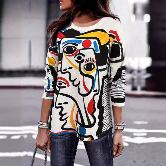 Women's T-shirt White With Printed Pattern Round Neck Long Sleeve - YLORESHOP