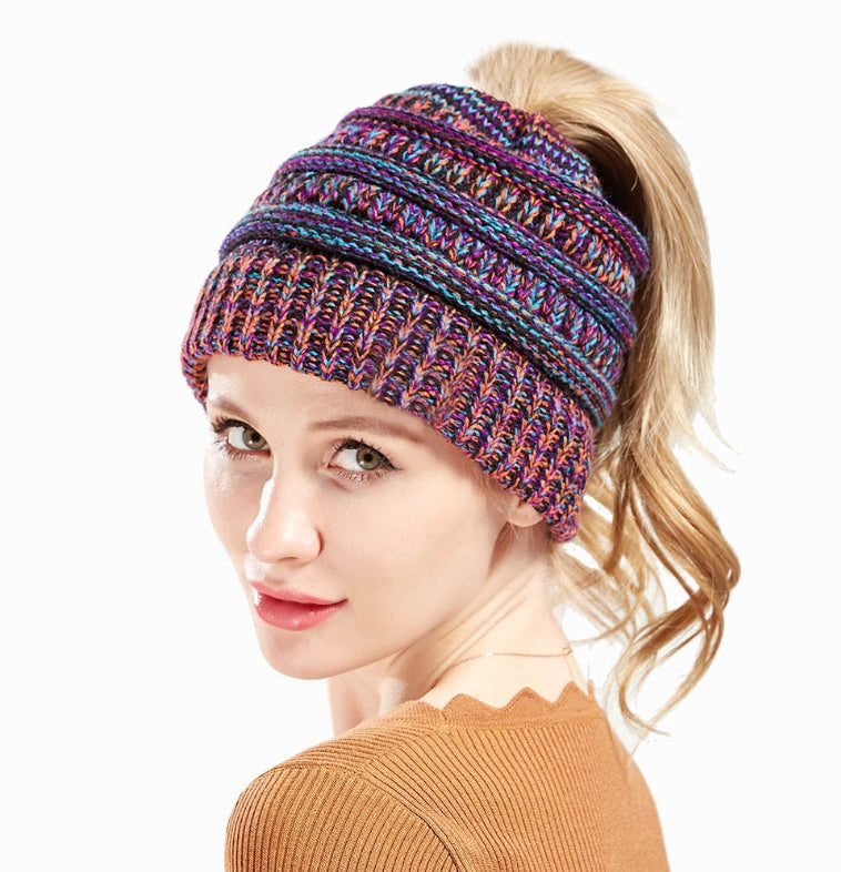 Mixed Color Knitted Wool Hat Ladies Non-labeled Ponytail Hat - YLORESHOP