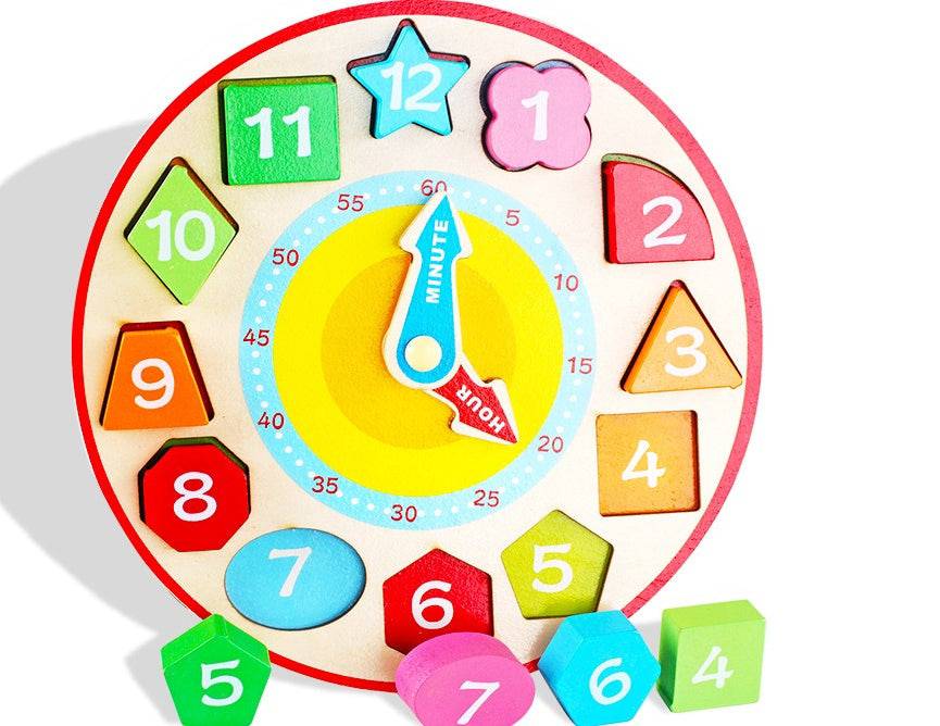 Teaching Time Number Blocks Puzzle Wooden Shape Color Sorting Clock - YLORESHOP