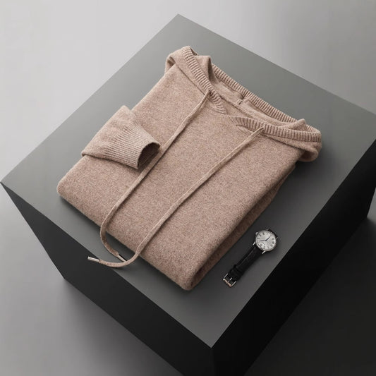 Maglione base da uomo a maniche lunghe con cappuccio, lavorato a maglia e tinta unita