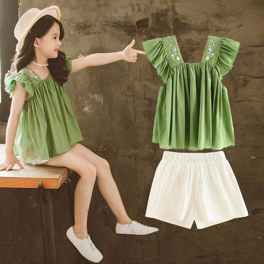 Girls Summer New Style Little Girl Fashionable Suit Children Western Style Short-Sleeved Children's Clothing Big Girl Two-Piece Trend - YLORESHOP
