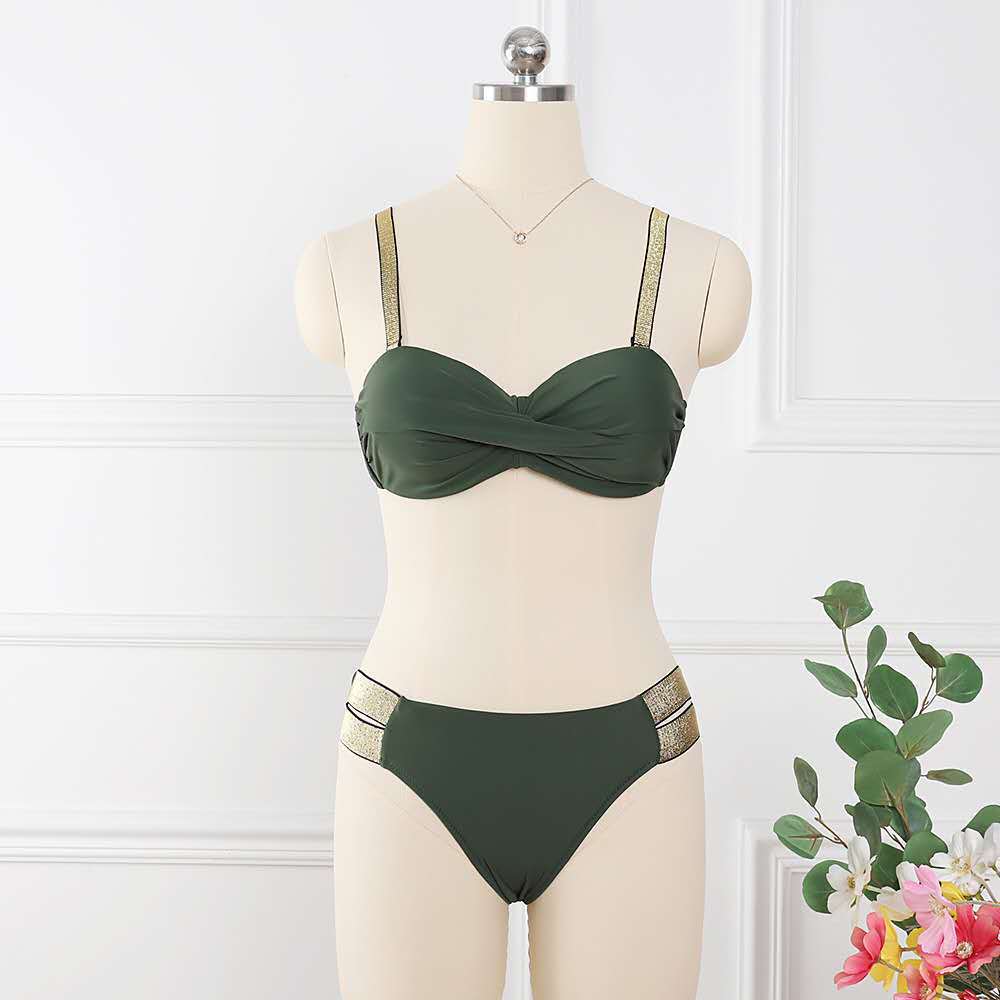 Bikini Sets Solid Color Swimsuit Sexy Mid-Waist Bandeau Gather Cup Bikinis Women Swimwear Female Bathing Suits Beach Wear - YLORESHOP