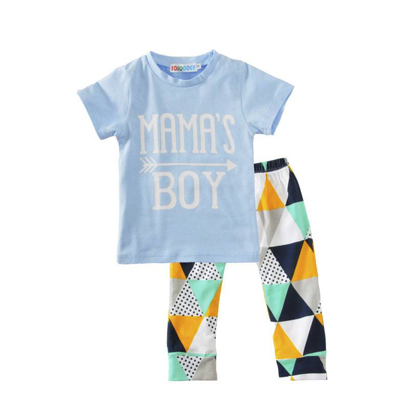 Abbigliamento per bambini Completo da ragazzo T-shirt a maniche corte Blu Lettera Freccia Pantaloni geometrici Completo da bambino a due pezzi