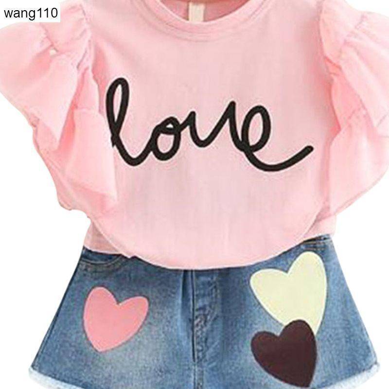 Summer Kids Girls Clothing Sets 2 pcs T-shirt Hole Pants Set - YLORESHOP