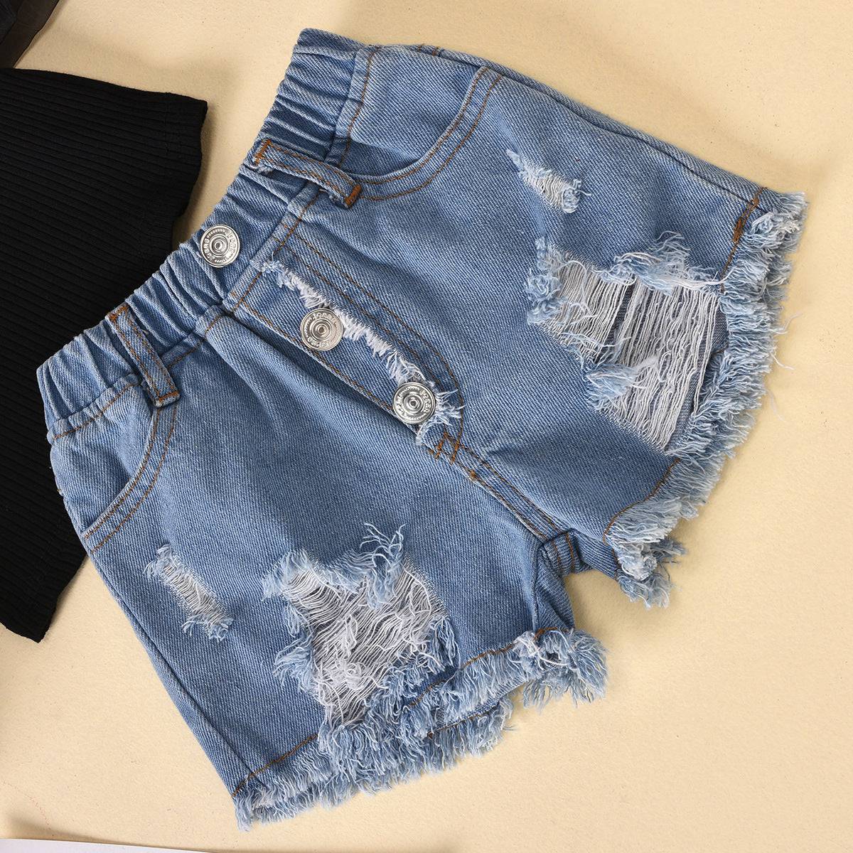 Children'S Clothing Cotton Dot Mesh Sleeves Striped Top Ripped Denim Shorts Kids Suit - YLORESHOP