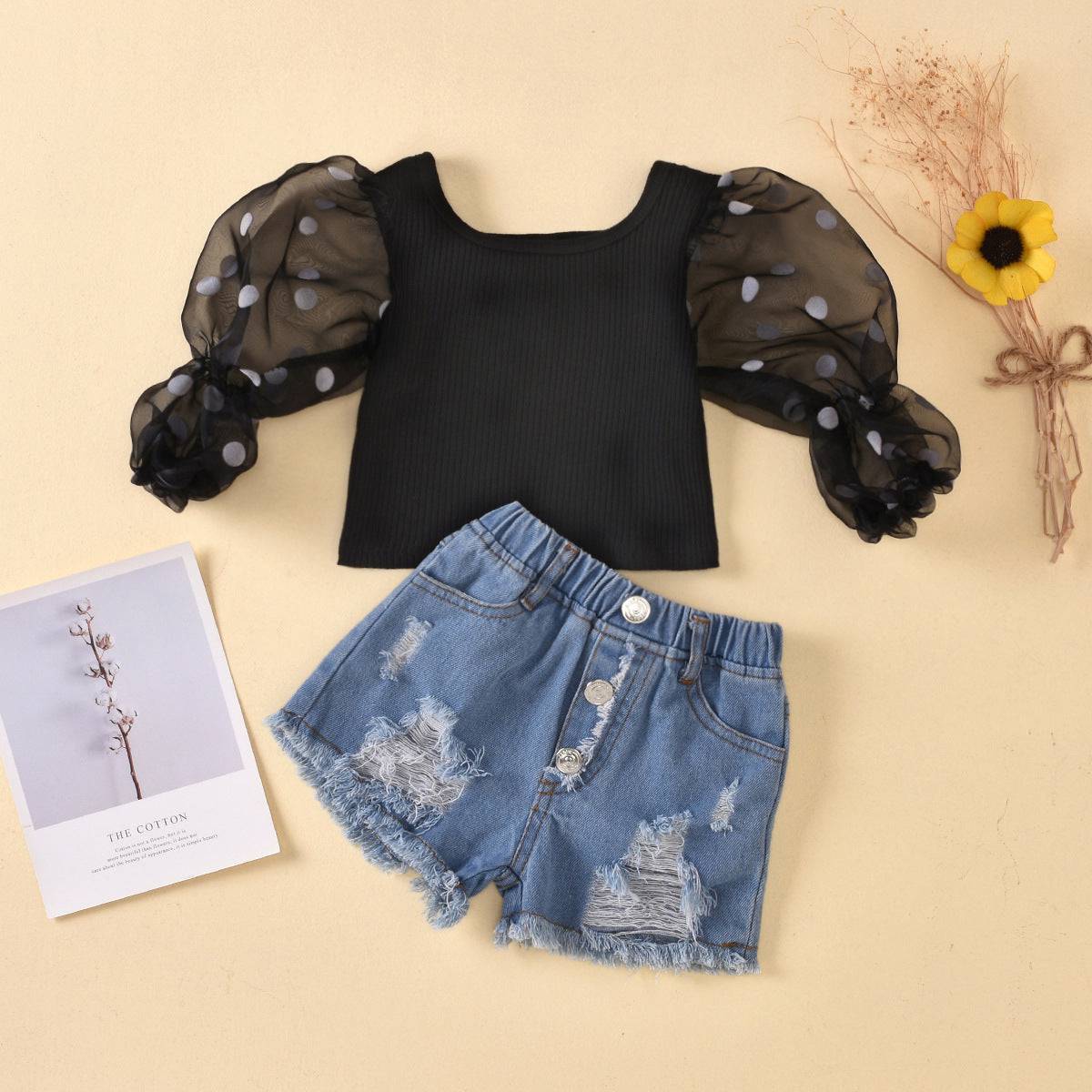 Children'S Clothing Cotton Dot Mesh Sleeves Striped Top Ripped Denim Shorts Kids Suit - YLORESHOP