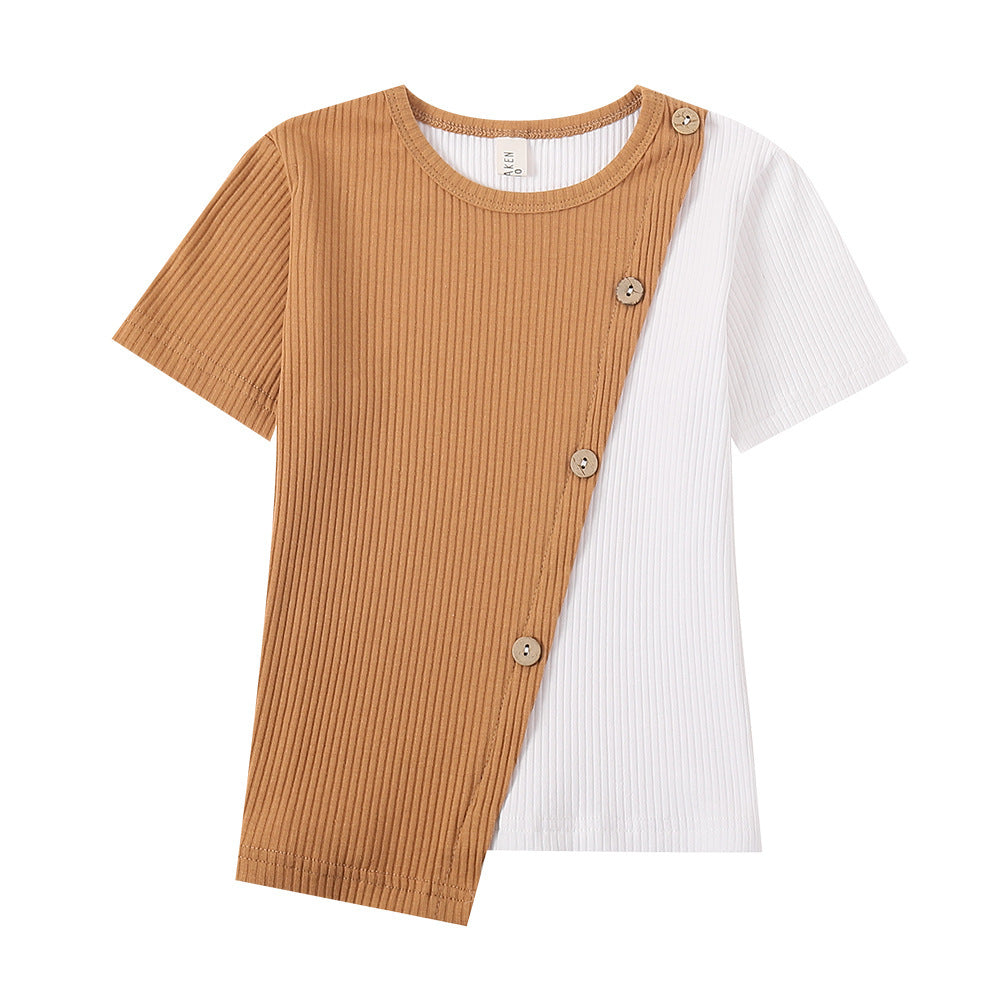 Irregular Contrast Short-Sleeved T-Shirt - YLORESHOP