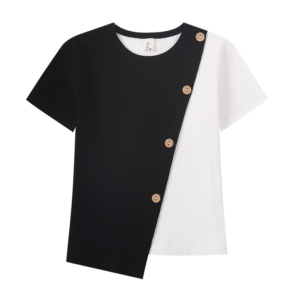 Irregular Contrast Short-Sleeved T-Shirt - YLORESHOP