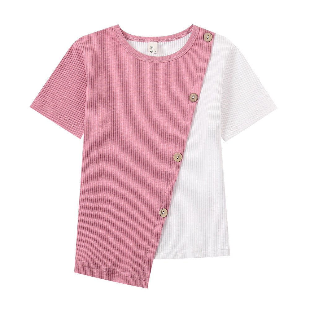 Irregular Contrast Short-Sleeved T-Shirt - YLORESHOP