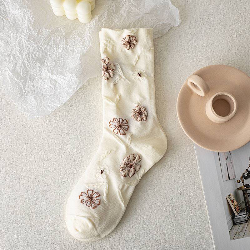 Court Women's Thin Small Flower Long Socks Retro