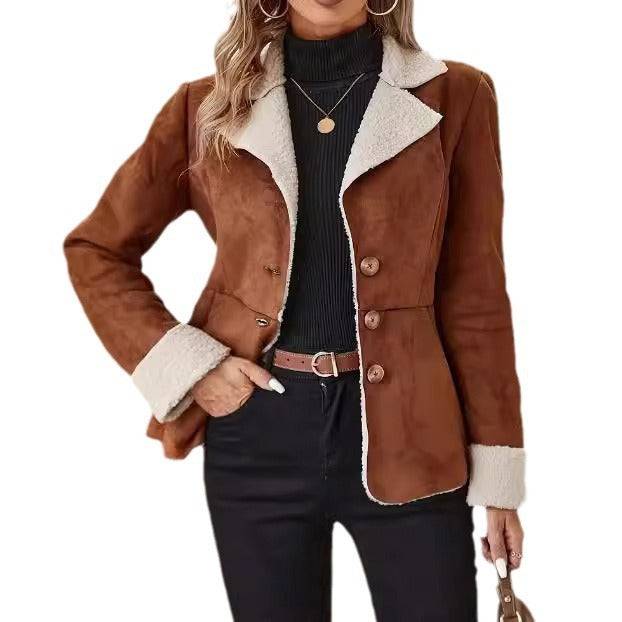 Casual Fashion Cold-proof Warm Fur Integrated Lapel Pocket Jacket