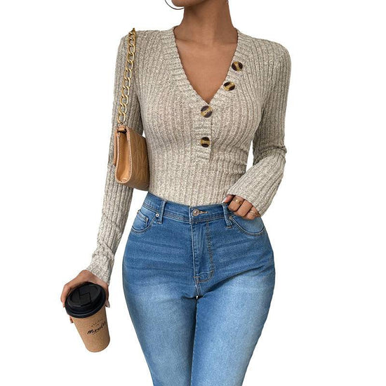 Solid Color Long Sleeve V-neck Jumpsuit - YLORESHOP