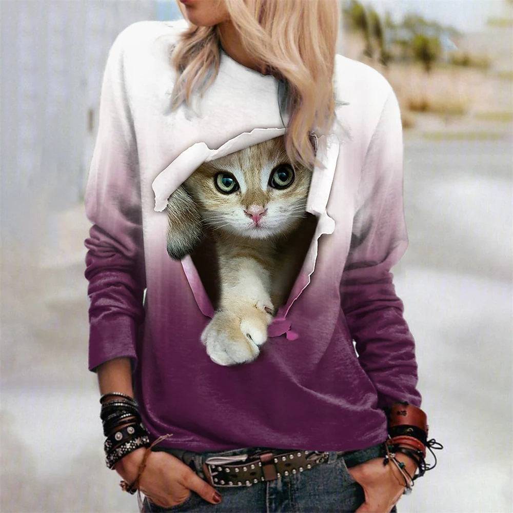 Gradient Cat Print Mid-calf Shirt Casual Sweatshirt Pullover Long-sleeved Shirt