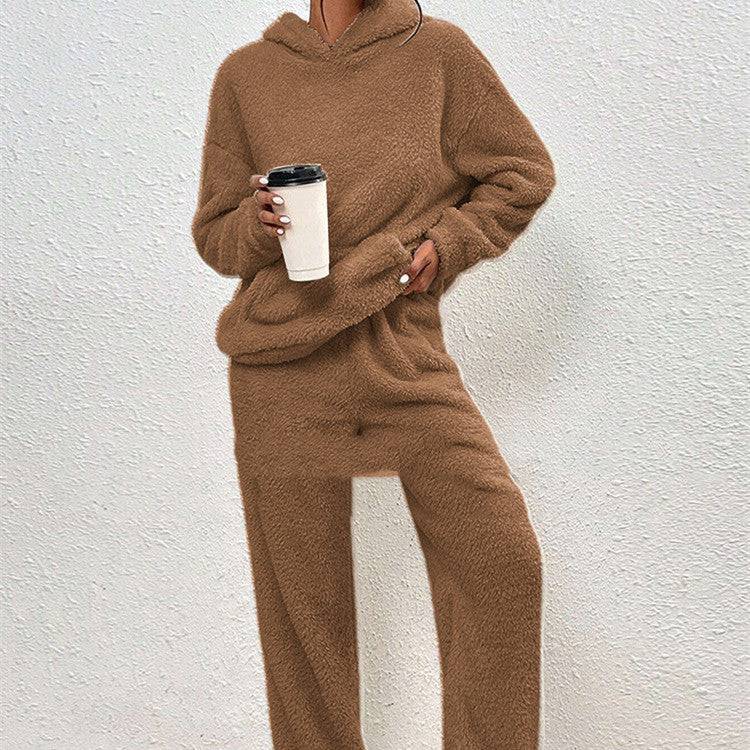 Fleece-lined Hooded Long Sleeve Dimensional Patch Pocket Casual Trousers Solid Color Suit - YLORESHOP