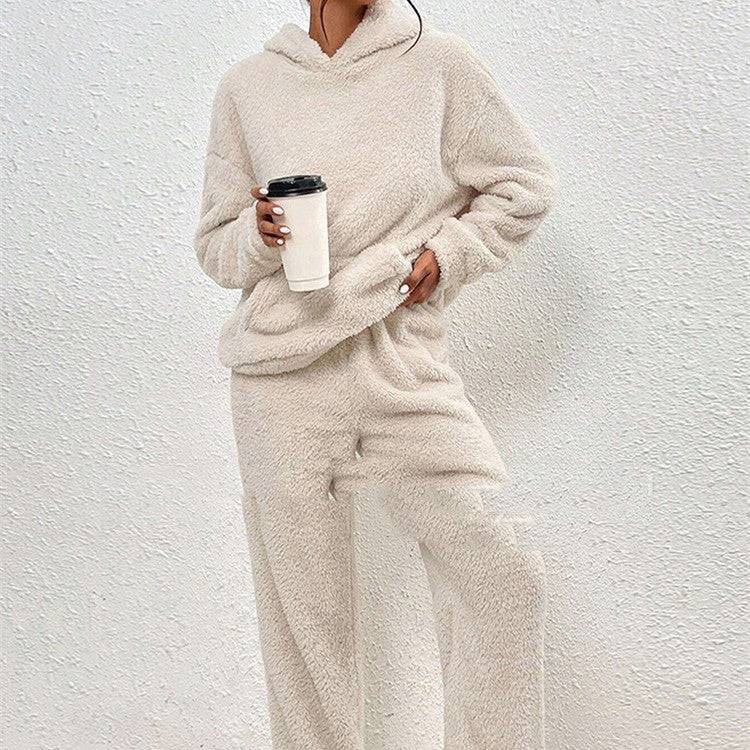 Fleece-lined Hooded Long Sleeve Dimensional Patch Pocket Casual Trousers Solid Color Suit - YLORESHOP