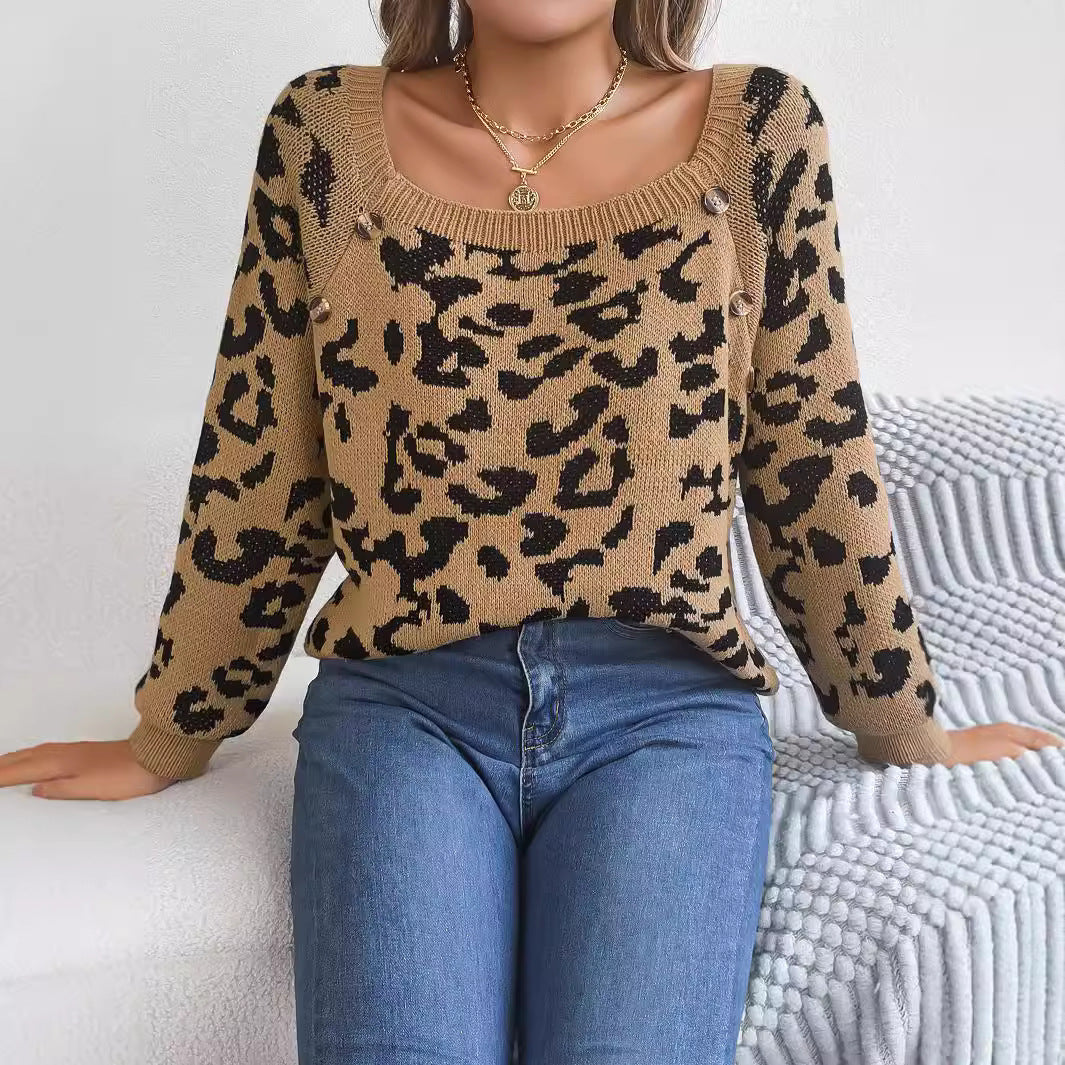 Maglione a maniche lunghe con stampa leopardata a colori a contrasto con bottoni casual e colletto quadrato