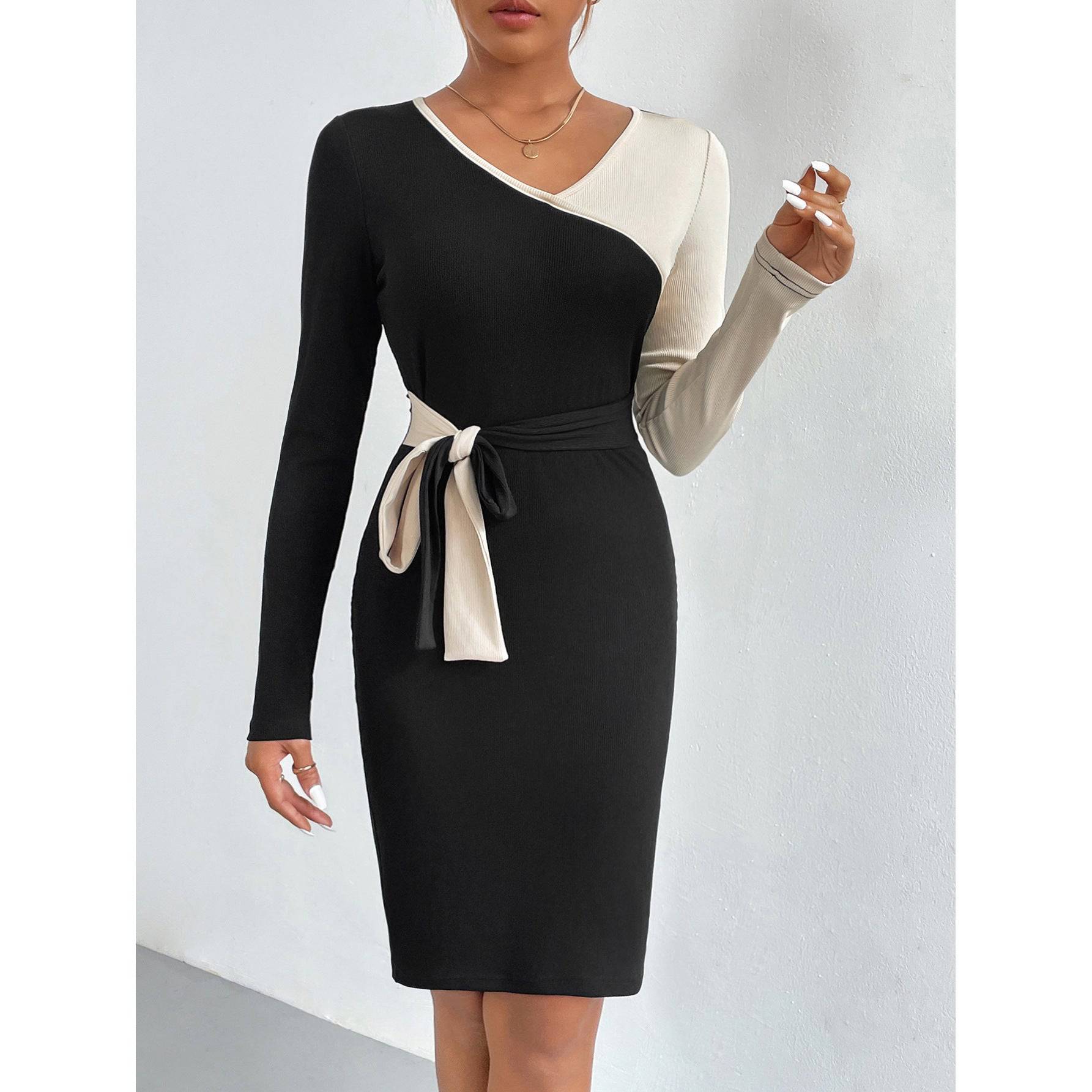 Women's Stitching Tied Sheath Long Sleeve Dress - YLORESHOP