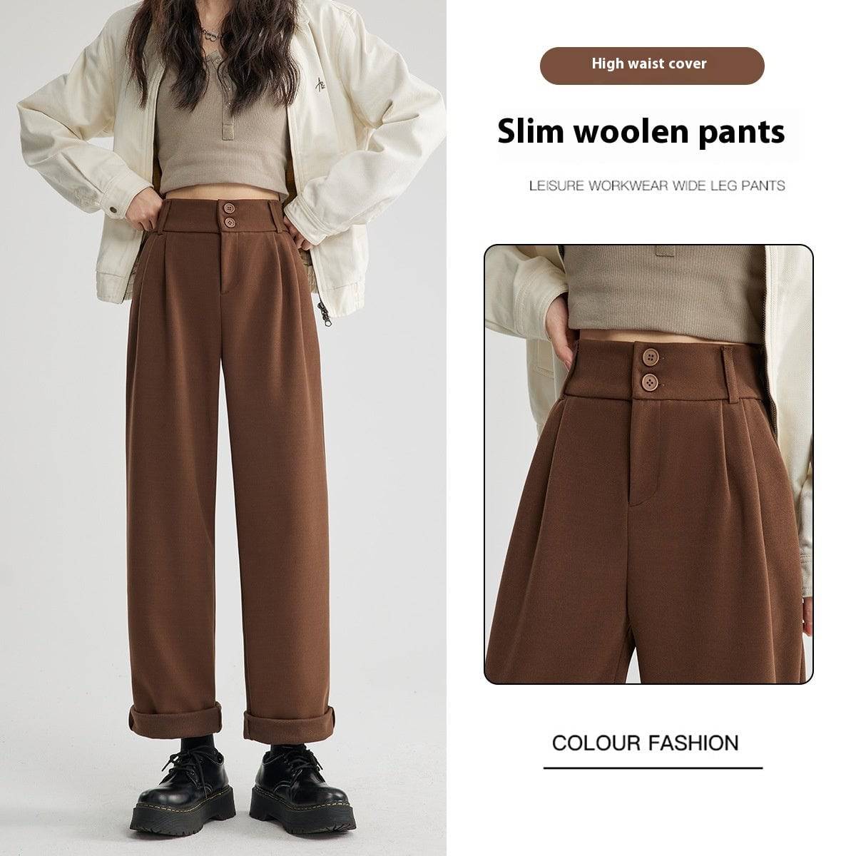 Straight Woolen Wide Leg Pants - YLORESHOP