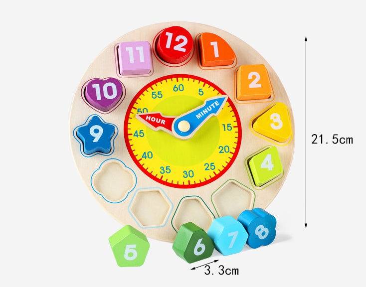 Teaching Time Number Blocks Puzzle Wooden Shape Color Sorting Clock - YLORESHOP